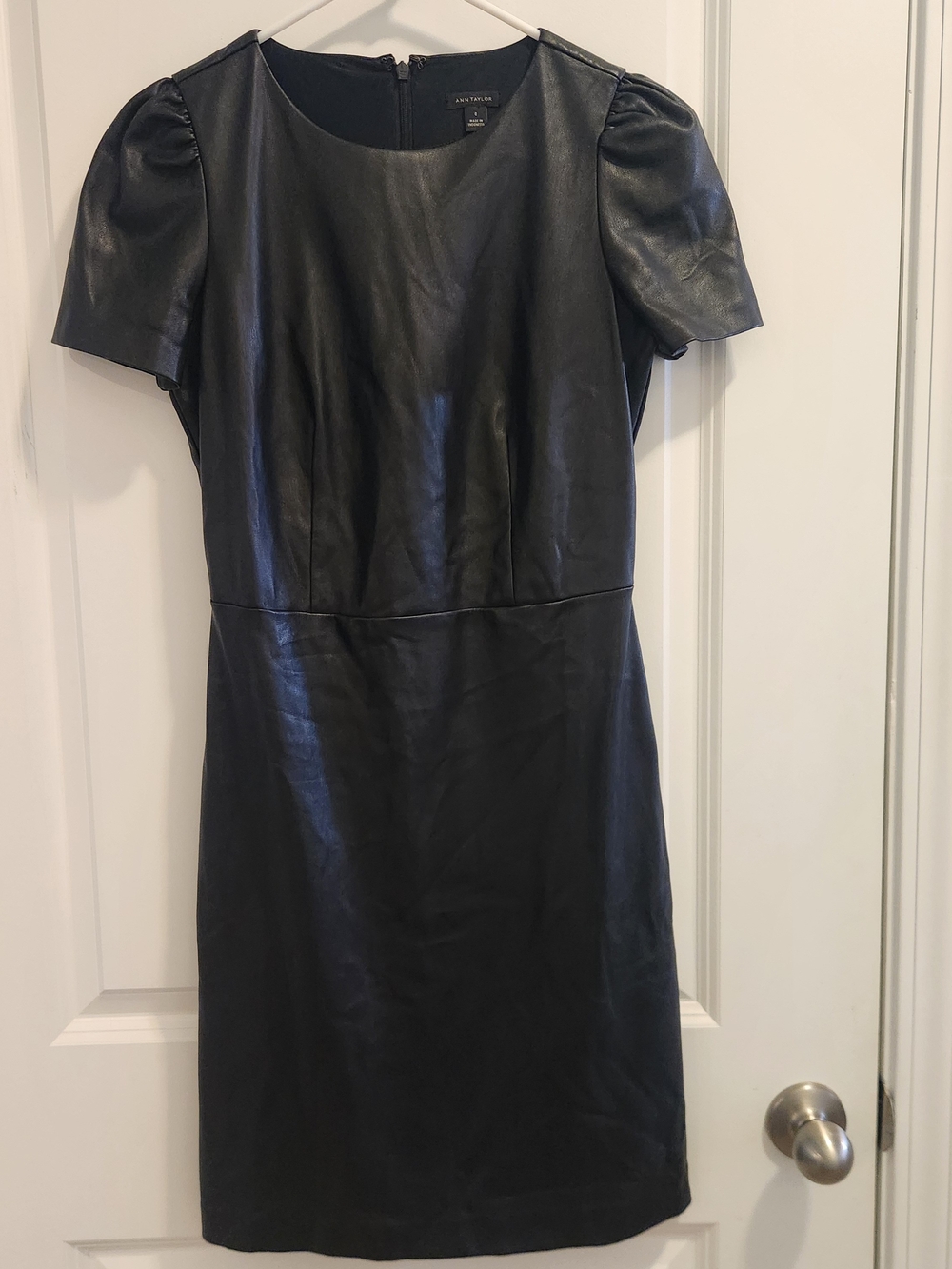 Ann Taylor Black Faux Leather Short Sleeve Sheath Dress with Puff Shoulders